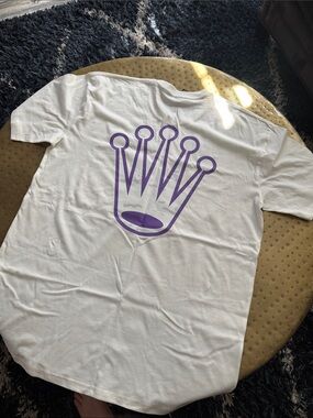 White Short Sleeve Tee with Purple Crown Graphic